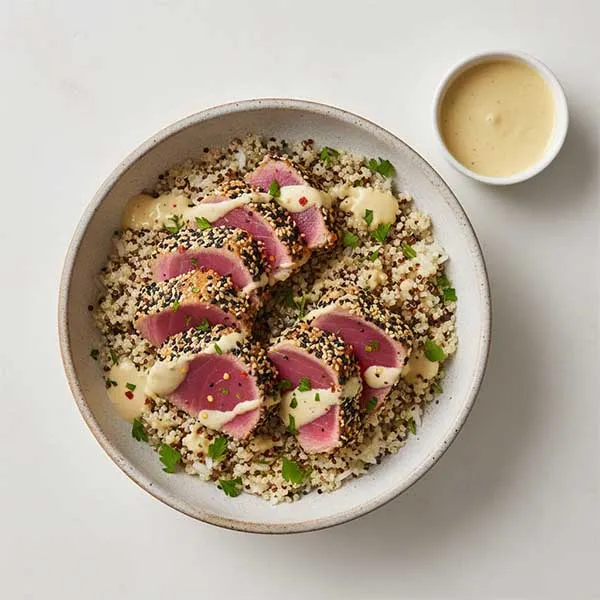 Sesame Crusted Tuna with  Quinoa rice mix and Tahini lemon  Sauce